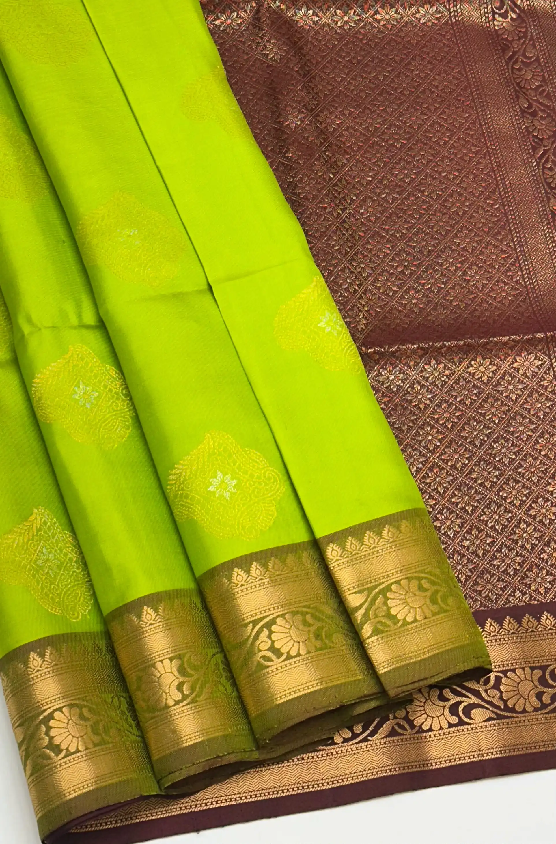 Lime Green Paisley Floral Zari Border Kanchi Soft Silk Saree